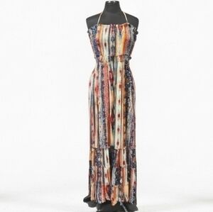 Boho Chic Resortwear Regenbogen L Bohemian Vacation Multicolor Halter Maxi Dress